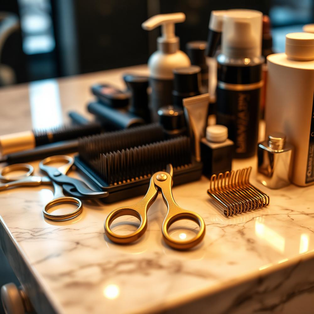 Friseurwerkzeuge und Styling-Produkte im Salon